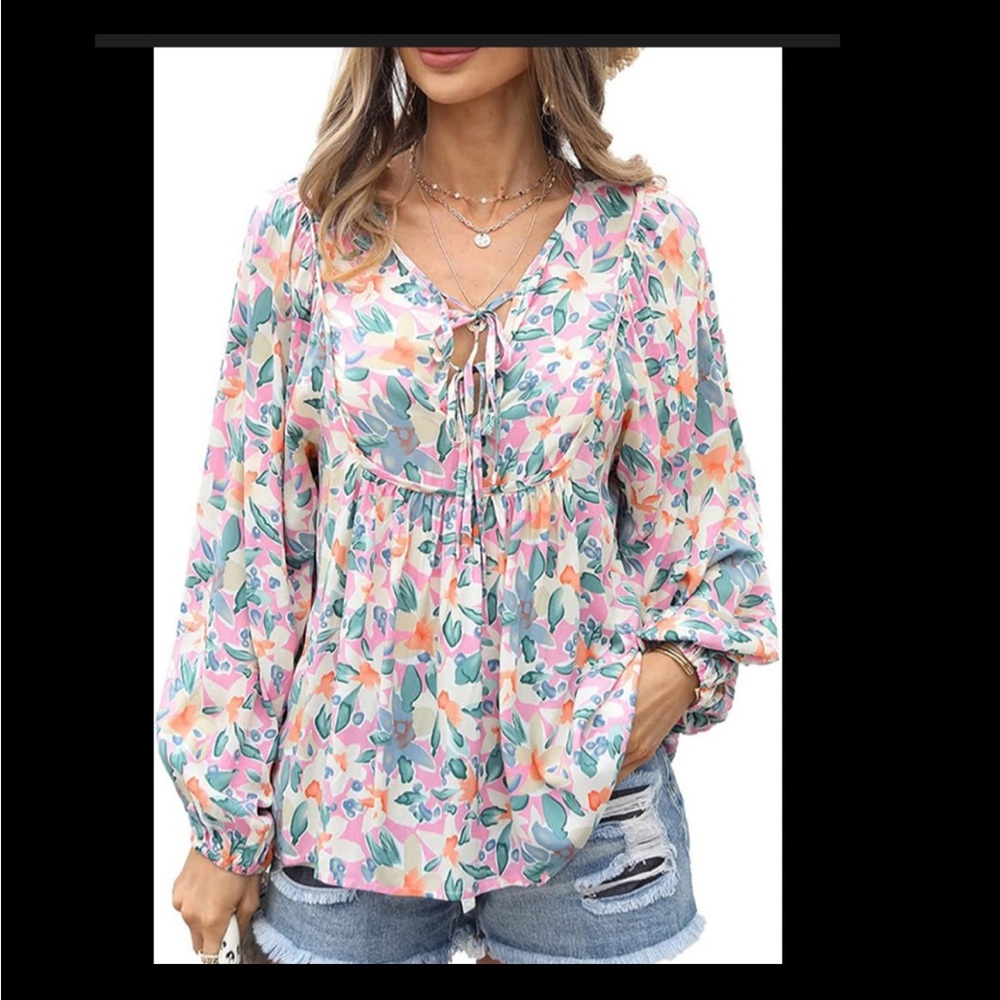 PRETTYGARDEN Spring Floral Boho Peplum Blouse XL Pink Green Tie Neck
